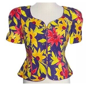 Vintage Women’s 10 Sequin Puff Sleeve Corset Top Yellow Floral Sweetheart Rimini